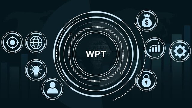 Dynamic wpt wireless power transfer technology concept featuring futuristic hud interface with rotating data circles, global connectivity financial growth charts, and secure digital network security