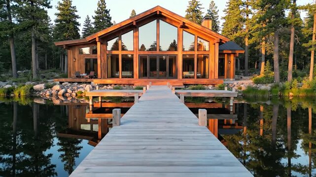 Modern wooden lodge on lake with dock at sunset