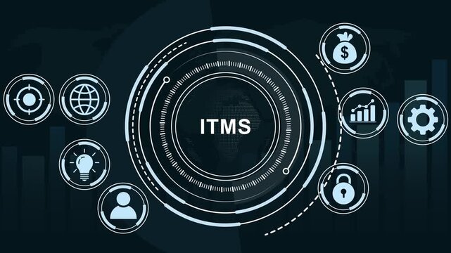 Advanced itms information technology management system digital hud interface featuring animated global network connectivity and data analytics visualization for corporate enterprise software solutions