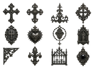 Obraz na płótnie Canvas PNG Gothic ornate metal cross and religious ornament set