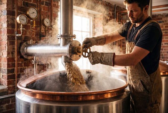Brewer Turning Valve on Copper Mash Tun