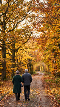 Senior couple walking down tree lined avenue in autumn with warm peaceful nostalgic mood generative AI