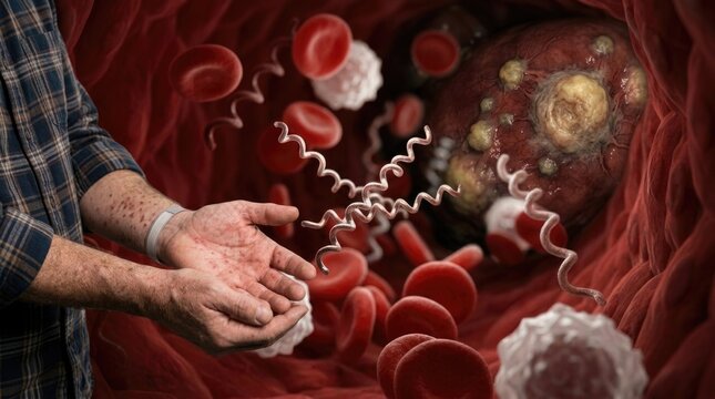 Spirochete microbe threat: Syphilis disease, Treponema Pallidum, human hand, cutaneous rash, blood cell, corkscrew bacterium, infection spread, medical condition, patient body.