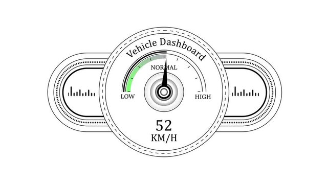 Digital vehicle speedometer gauge animation: increasing km/h dashboard interface for automotive ui and hud
