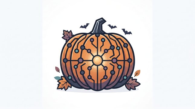 Cyber tech Halloween pumpkin illustration featuring digital circuit lines, node connections, bats, and leaves.