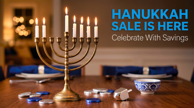 Lit menorah on wooden table for Hanukkah sale featuring chocolate coins, dreidel, and festive shopping holiday savings text. Offer rebate banner for Chanukah Jewish celebrating.