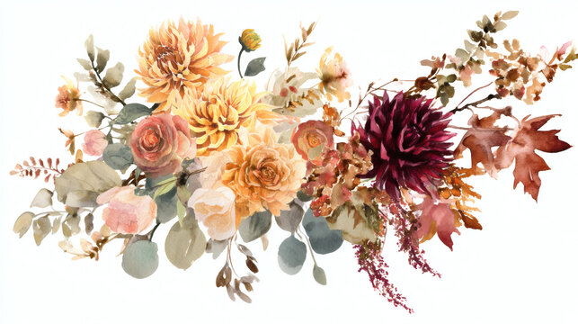 Delicate watercolor floral arrangement with peach, pink, cream, and white blossoms, soft green leaves, and autumn accents on a clean white background