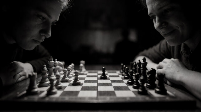 Two hands playing chess in a strategic match with wooden pieces on a chessboard

