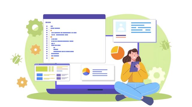 Cartoon woman programmer sitting with smartphone in front of laptop with code and charts, animation concept of web development, coding and software testing