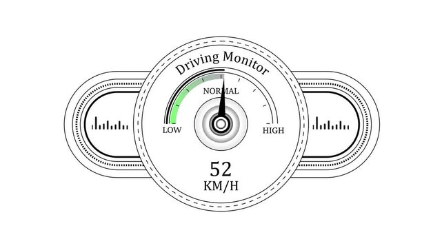 Digital driving monitor gauge with speedometer animation, km/h speed indicator, and dynamic acceleration interface for automotive hud