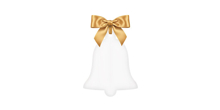 White bell shaped christmas ornament with a golden ribbon bow isolated on a plain white background
