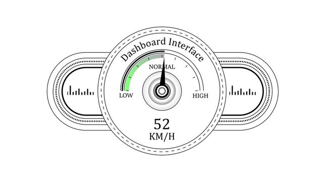 Digital speedometer dashboard interface animation with accelerating km/h gauge and dynamic needle motion