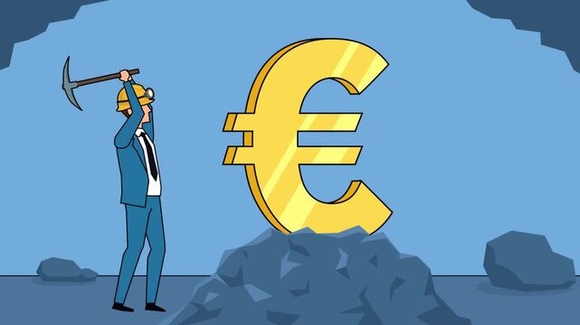 Businessman mining giant golden euro symbol with pickaxe in a cave, cartoon animation concept of earning money, investment and financial wealth