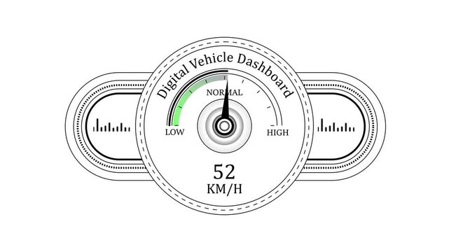 Digital vehicle dashboard speedometer gauge animation with accelerating km/h counter