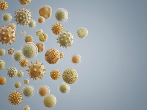 Stunning pollen allergy snapshots showing microscopic pollen grains floating in the air, seasonal health concept