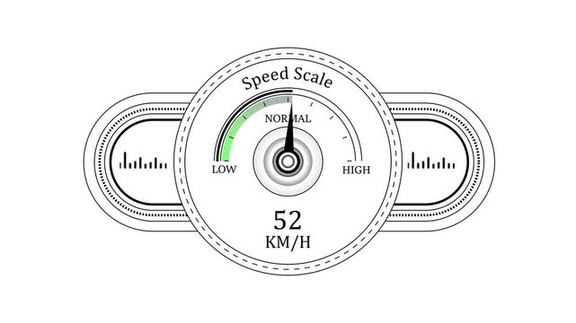 Digital speedometer gauge animation: accelerating km/h speed scale interface dashboard