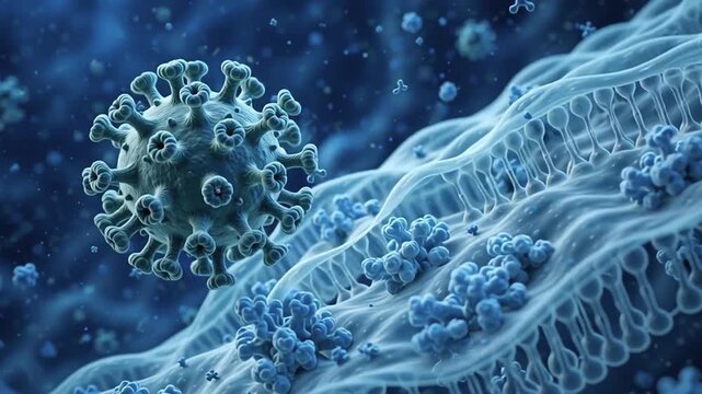 3D Motion Graphic Loop of Microscopic Coronavirus Particle Attaching to Host Cell Membrane Surface