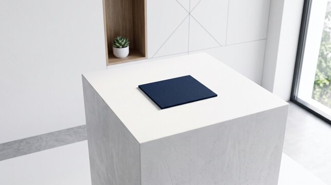 Single navy blue textured paper square centered on monolithic white pedestal for elegant product display showcase.