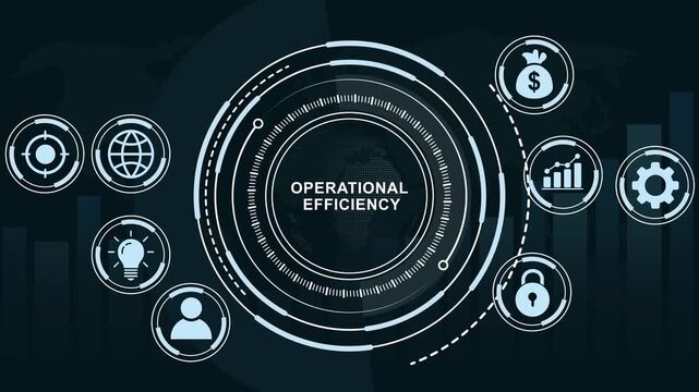 Dynamic operational efficiency concept with animated digital hud interface, global business strategy financial growth analytics, process optimization, corporate workflow automation, and tech