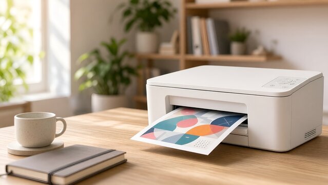 Modern Home Office Setup Featuring a White Printer Printing a Colorful Graphic Page
