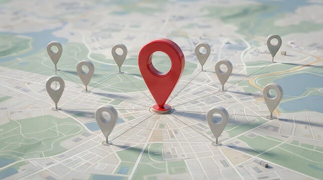 Large red location pin centered on a stylized city map, surrounded by multiple smaller grey map markers connected by thin lines, 3 d render