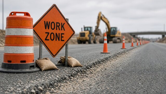 Road Construction Site with Work Zone Sign and Heavy Machinery During Highway Project