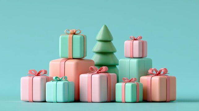 Minimal Christmas scene, pastel presents and stylized holiday tree, glossy rounded forms, turquoise background, 3D render illustration. 