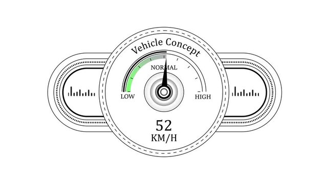 Digital vehicle speedometer gauge hud interface animation with accelerating km/h counter dashboard