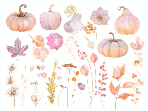 Watercolor autumn botanical collection with pumpkins, fall leaves, acorns, berries, and dried grasses arranged on a white background.