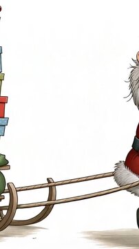 Tired cartoon Santa Claus with a sleigh with gift boxes, animation