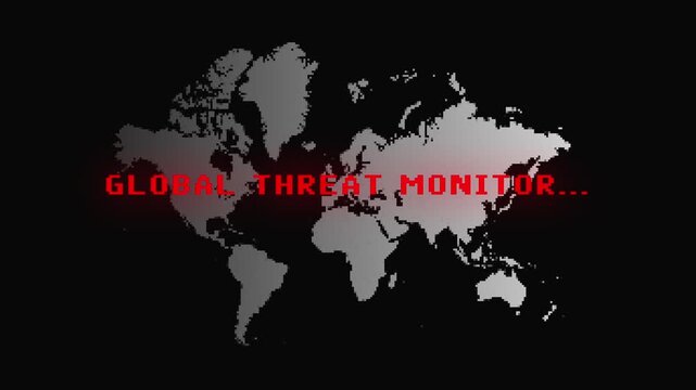 Horizontal Futuristic world map with red digital text GLOBAL THREAT MONITOR digital glitch loop