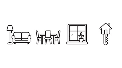 Obraz premium Real estate and home interior line icon set. Includes living room sofa, dining table, window, and house key. Minimalist vector icons for property management, interior design, and housing market.