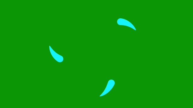 Animated blue three drops of liquid moving from the center and spinning in a circle. Fluid effect. Looped video. Vector illustration isolated on green background. 
