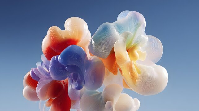 organic blobs clustered at different depths, pastel peach, mint, lavender, blue, and cream colors, soft reflections, contemporary abstract background