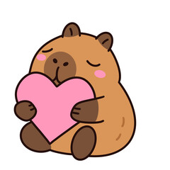 Fototapeta premium Cute Capybara Hugging a Large Pink Heart with a Loving Expression, Adorable Kawaii Animal Character Illustration for Love and Friendship Stickers Isolated on White Background
