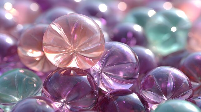 organic blobs clustered at different depths, pastel peach, mint, lavender, blue, and cream colors, soft reflections, contemporary abstract background