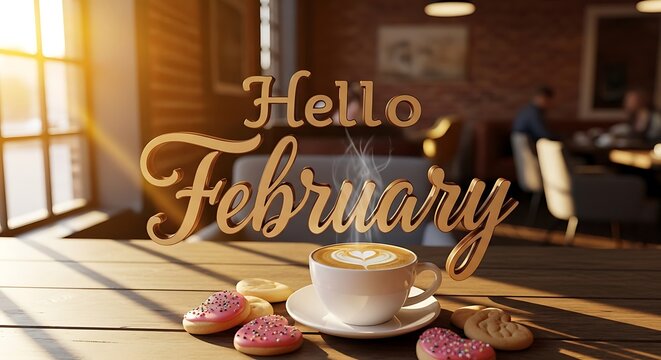 Hello february wooden sign with coffee cup and donuts on rustic table