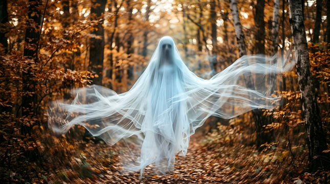 Ethereal ghost figure floating through an autumn forest, spooky supernatural entity in a misty woodland, cinematic horror photography