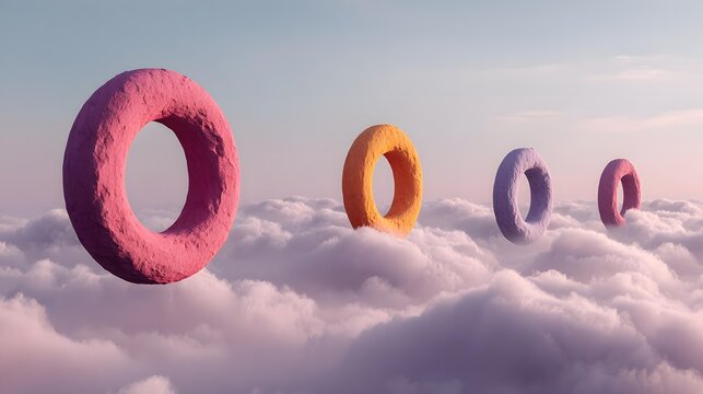 geometric rings floating within pale mist, cyan, peach, lavender, white, and pale blue colors, airy futuristic abstract background