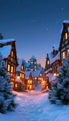 Obraz premium Snow - covered village street with glowing cottages and frosted evergreens at Christmas