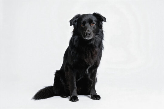 A black medium-sized dog sits upright against a plain white studio background, looking directly at the camera.