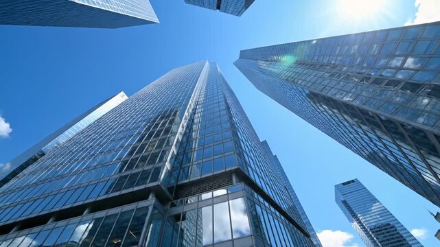Modern glass skyscrapers under blue sky in financial district