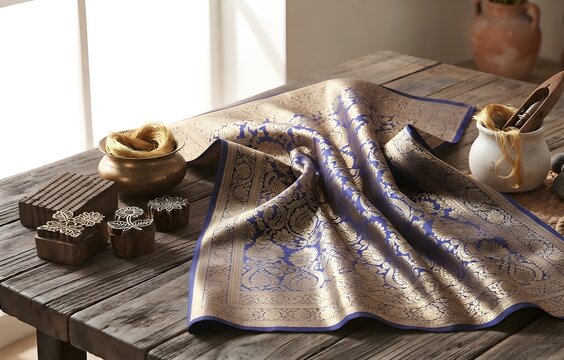 Traditional Indian Handloom Banarasi Brocade Silk Fabric on Rustic Wooden Table, featuring intricate golden zari woven floral and paisley patterns on a deep royal blue base, accompanied by antique pun