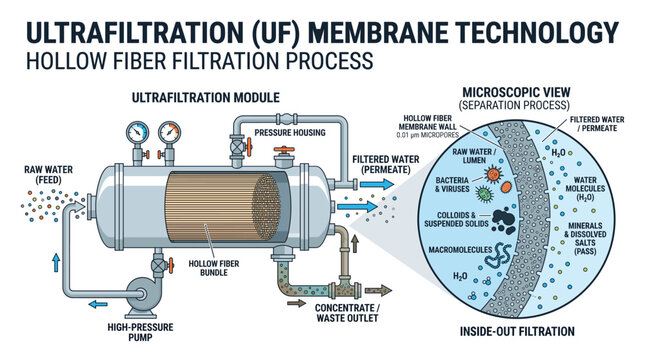 Ultrafiltration membrane technology diagram explaining hollow fiber filtration process and microscopic separation mechanism vector illustration for view and water Projects treatment industrial science