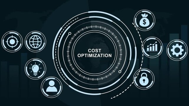 Digital cost optimization strategy interface featuring animated hud financial growth analytics, global business connectivity, and corporate efficiency for modern enterprise data management