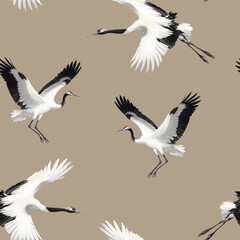 Obraz premium Seamless Pattern of Crane Birds, Japanese Red Crowned Crane Flying, Asian Bird Ornament, Wild Birds Wildlife Background Design,Ornithology Art, Asian Style Background, Japanese Chinese Pattern Art