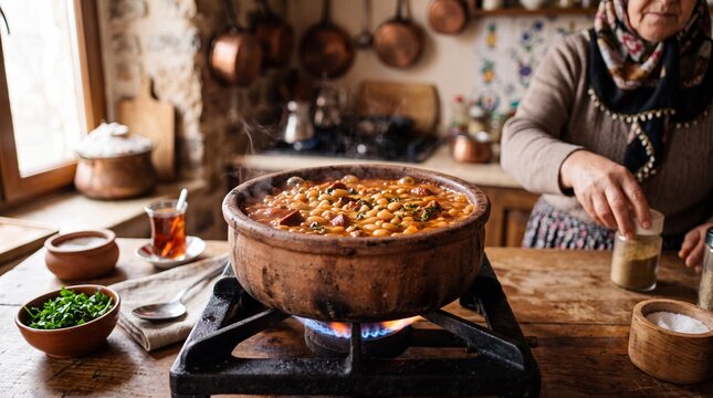 Traditional Turkish Kuru Fasulye Stirred in Earthenware Pot by Elderly Woman in Home Kitchen