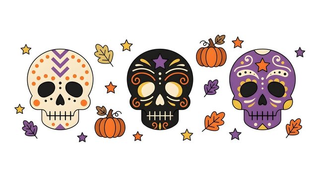 Three colorful decorated sugar skulls with autumn pumpkins and leaves halloween decor calavera sku