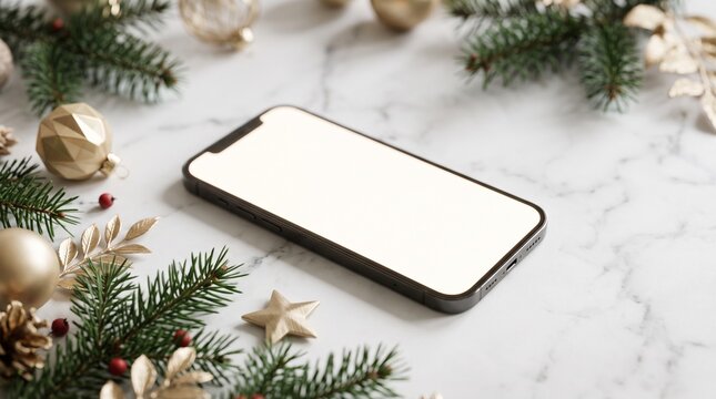 Christmas celebration with glowing smartphone on marble surface