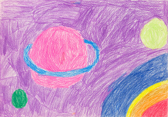Childhood Drawing of a Planet and Outer Space © fotocvet